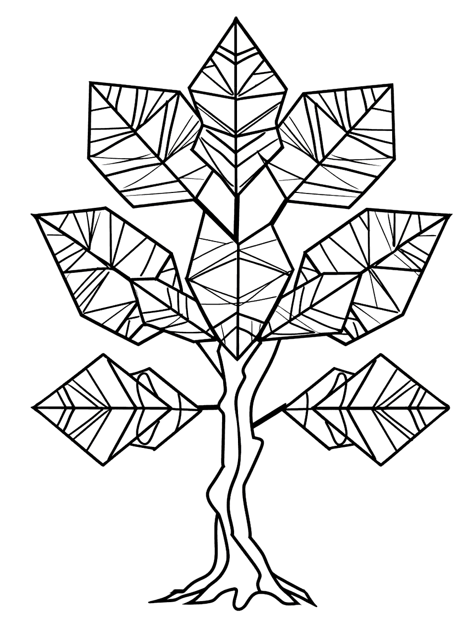 Tree with Geometric Leaves Coloring Page - A tree with branches full of geometric leaves.