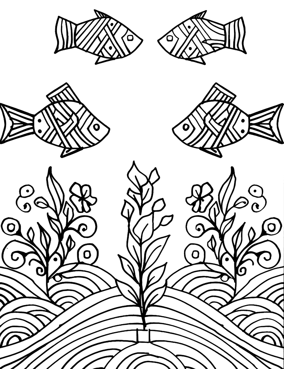 Fish in a Geometric Pond Coloring Page - Fish swimming in a pond with geometric waves and plants.