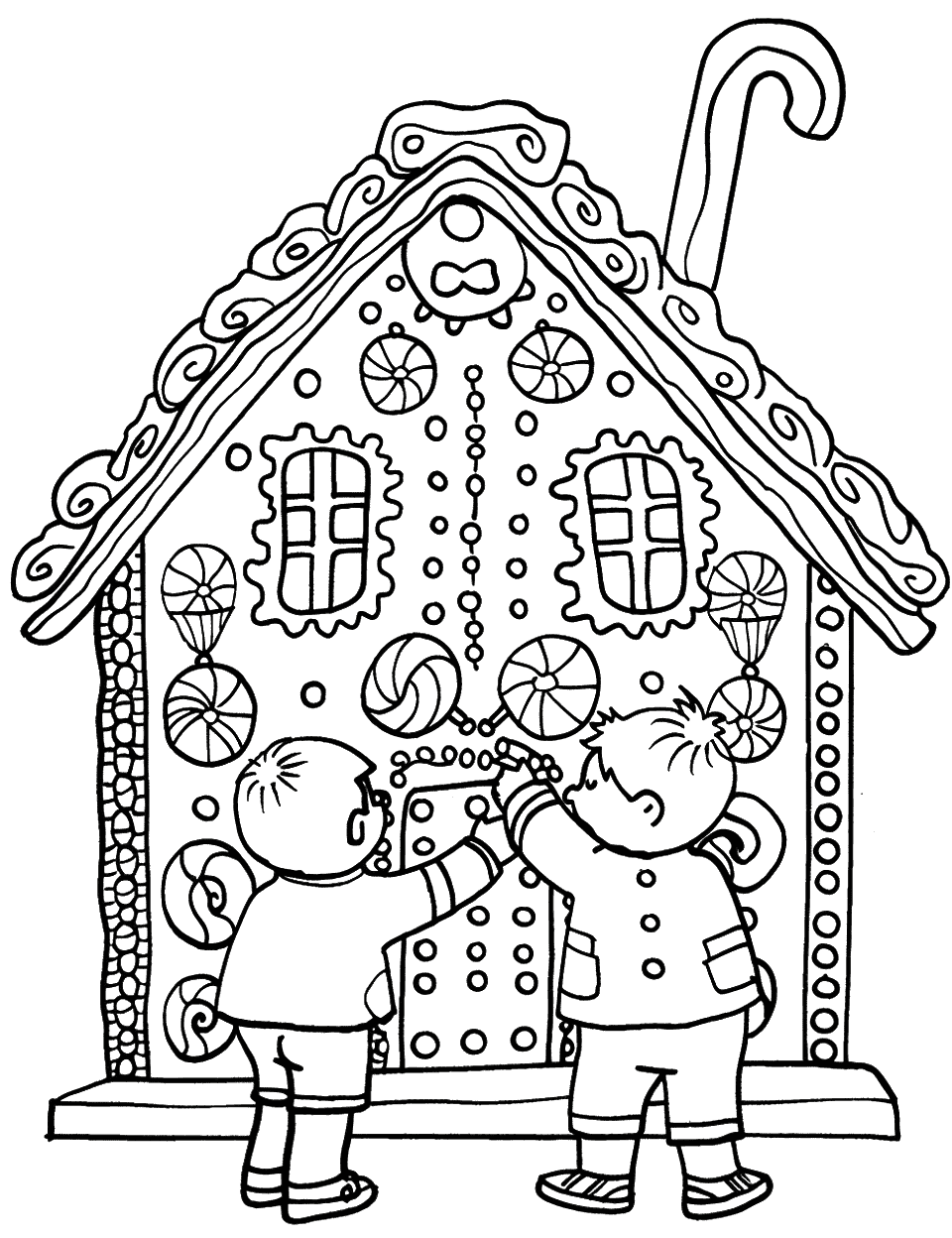 Gingerbread House Construction Coloring Page - Two children building a large, detailed gingerbread house with candy cane decorations.