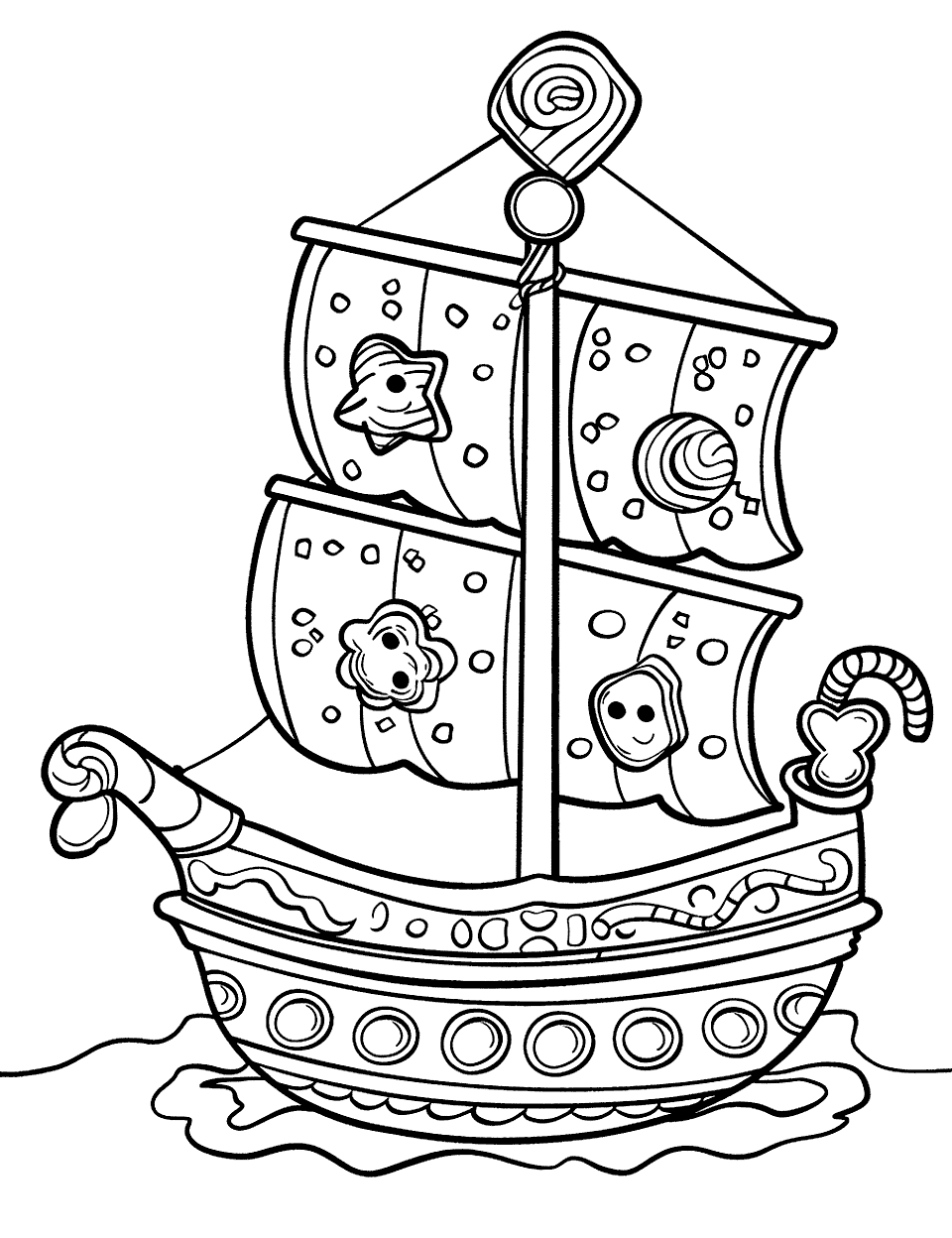 Gingerbread Pirate Ship Coloring Page - A gingerbread pirate ship, with sails made of candy.