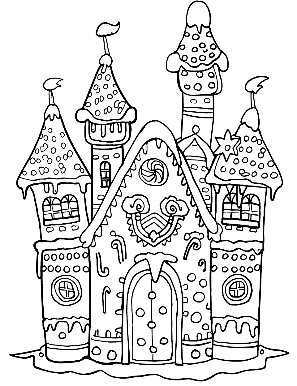 Gingerbread Castle Coloring Page - A majestic gingerbread castle with icing decorations.