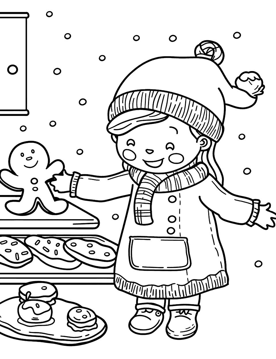 Winter Holiday Baking Gingerbread Coloring Page - A scene showing a girl and her gingerbread friend baking holiday cookies.