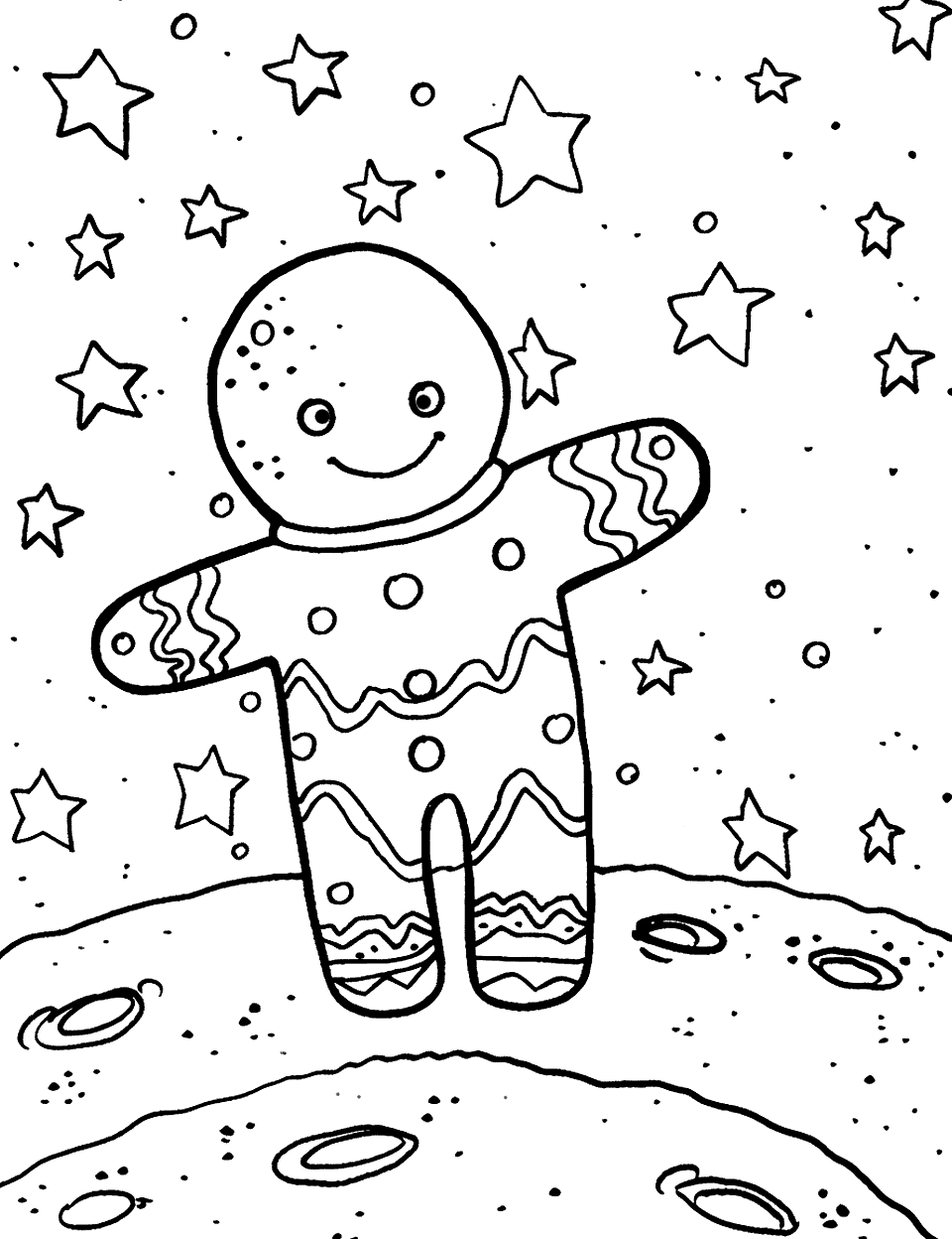 Gingerbread Man on the Moon Coloring Page - A gingerbread man standing on the moon with a backdrop of stars.