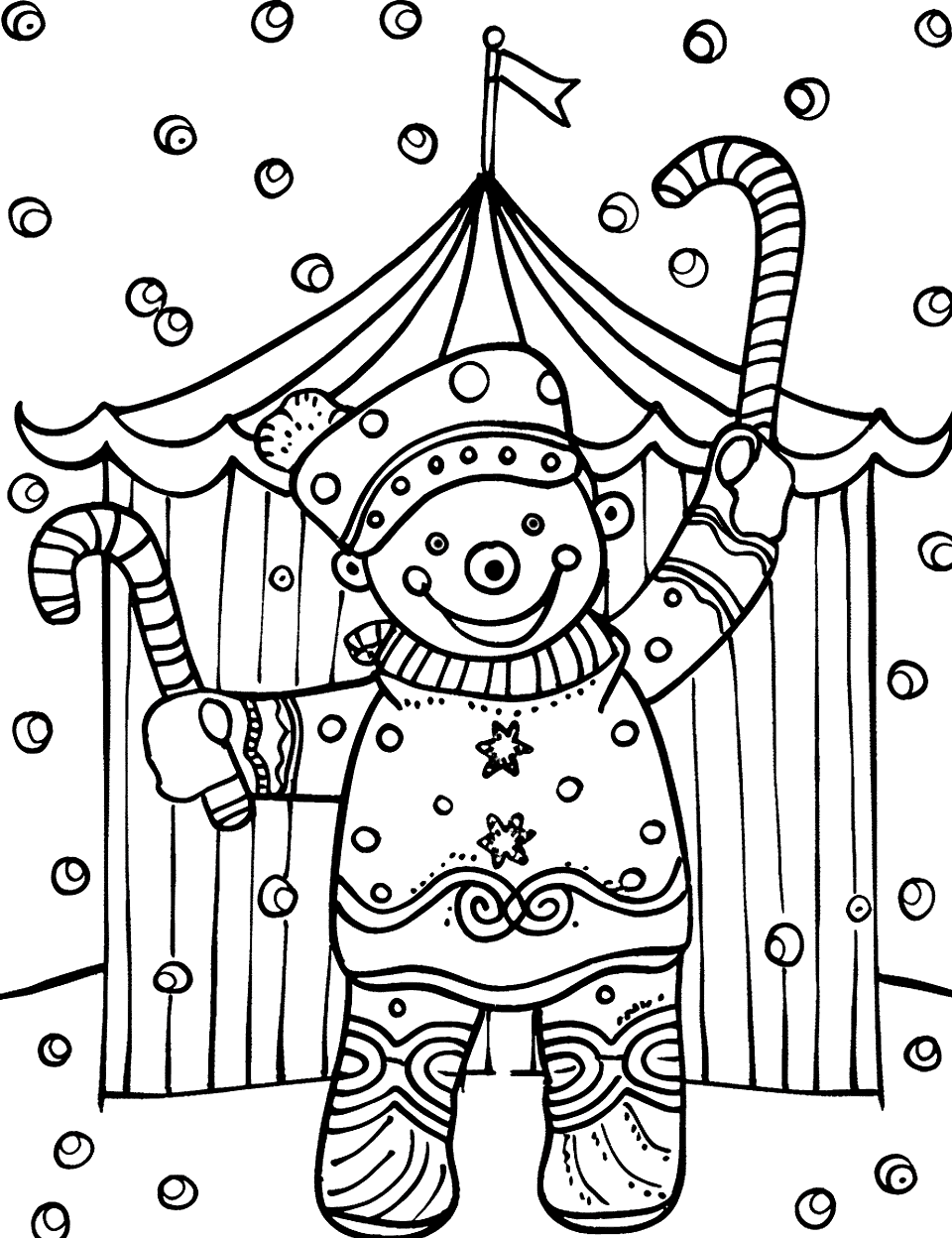 Gingerbread Circus Coloring Page - A gingerbread clown ready to juggle candy canes in front of a circus tent.