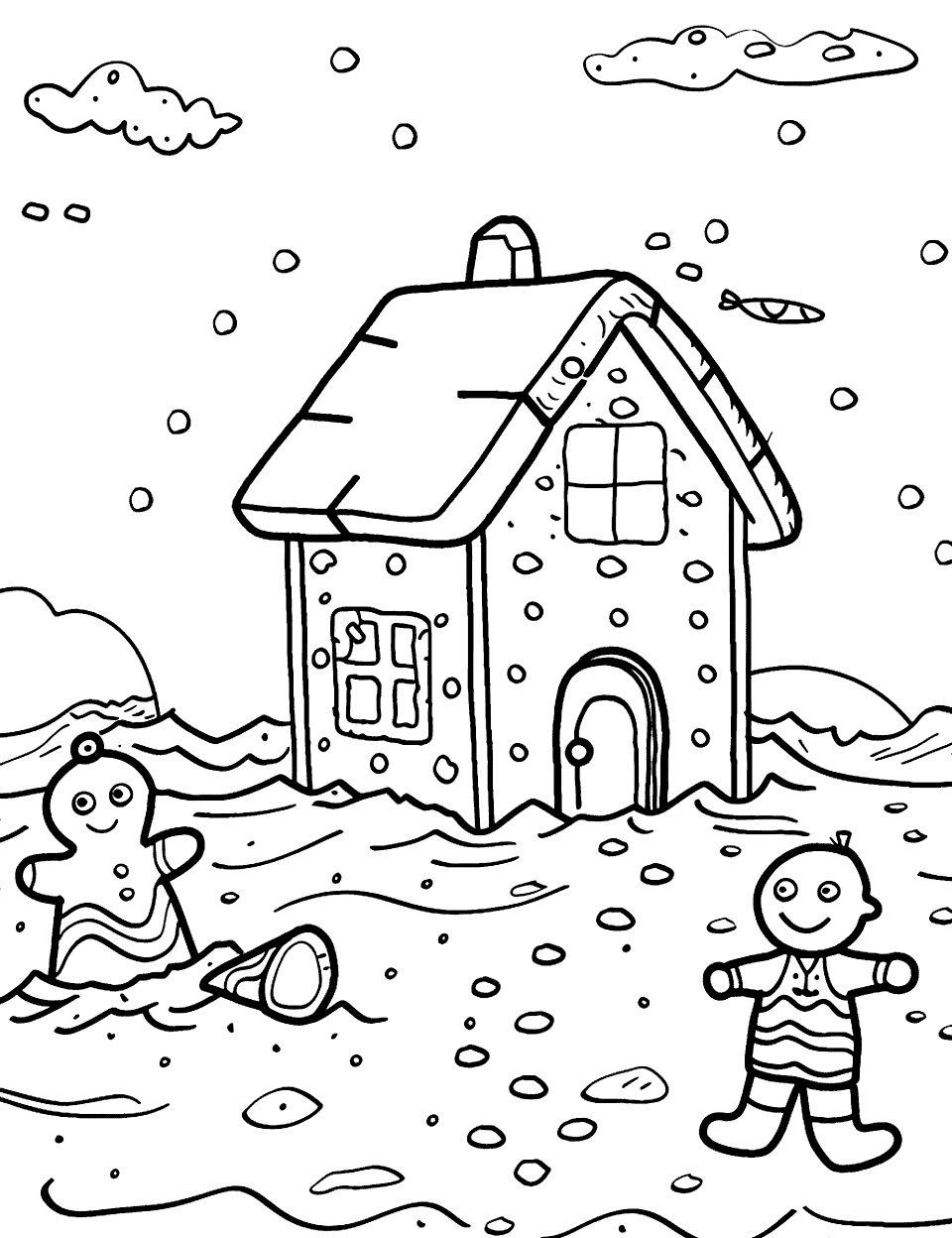 Gingerbread Beach Day Coloring Page - A gingerbread child enjoys a sunny beach day with a sandcastle shaped like a gingerbread house.