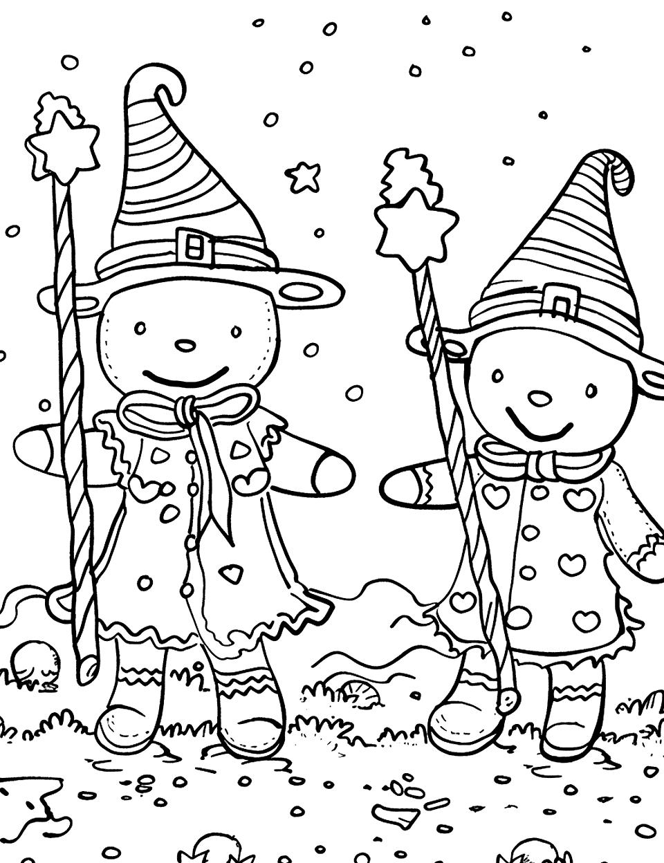 Gingerbread Wizard School Coloring Page - Young gingerbread wizards practicing spells with wands topped with star-shaped candies.