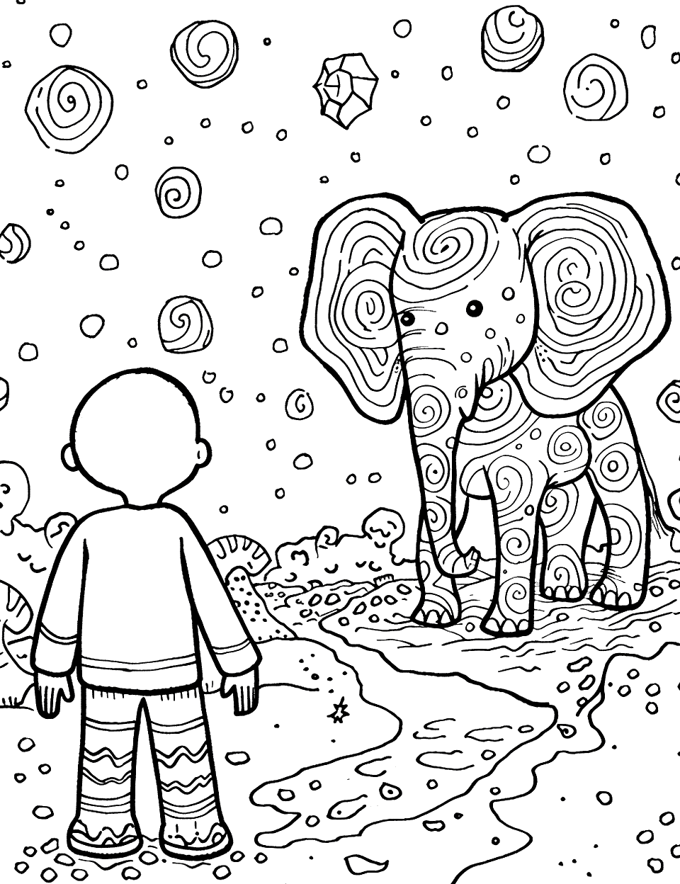 Gingerbread Safari Coloring Page - A gingerbread explorer watching a chocolate elephant in a cookie crumb savannah.