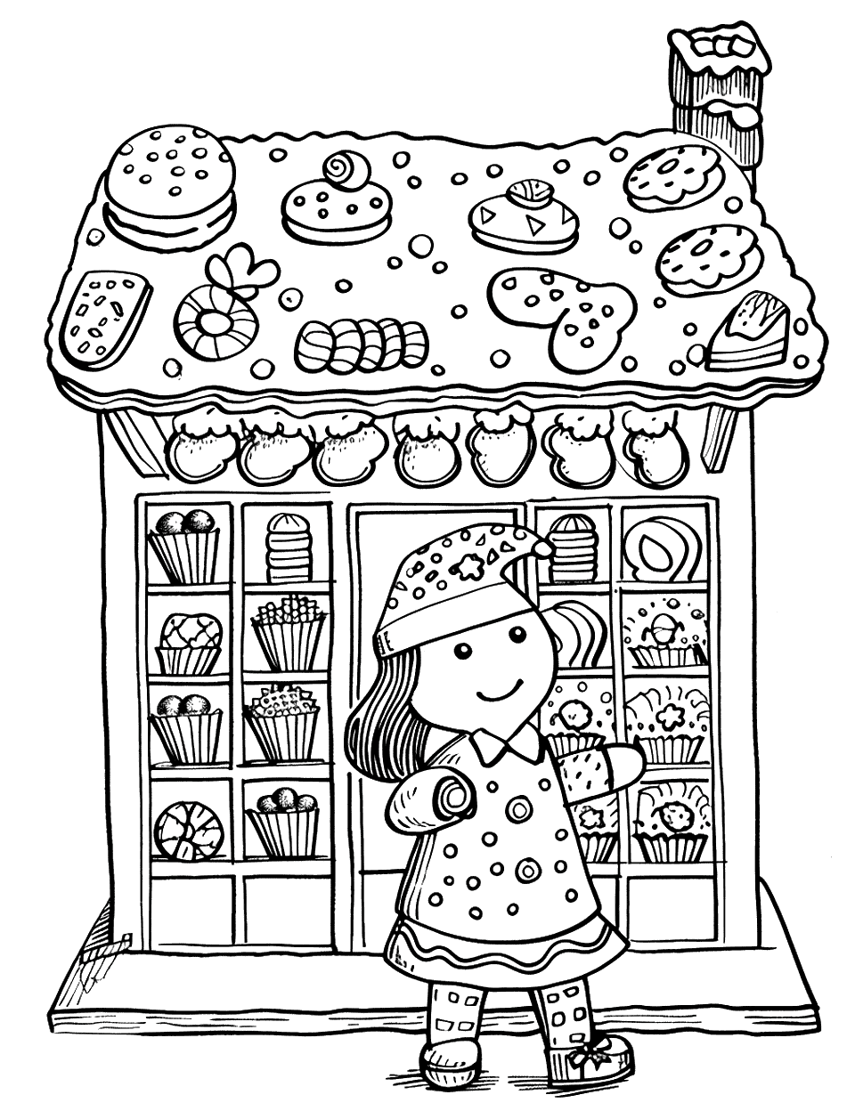 Gingerbread Bakery Shop Coloring Page - A detailed scene of a gingerbread girl running a bakery filled with sweets.