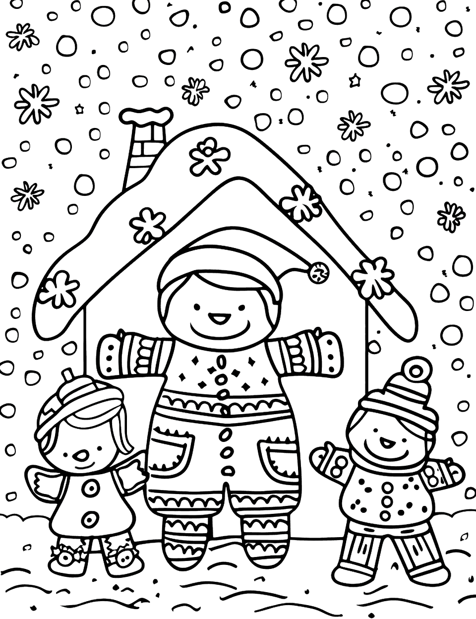 Christmas Gingerbread Scene Coloring Page - A festive winter scene featuring a gingerbread family with holiday attire, surrounded by snowflakes.