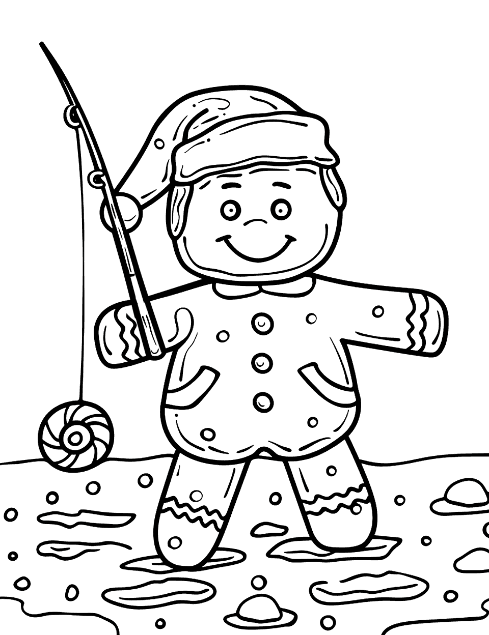 Gingerbread Fishing on a Candy Lake Coloring Page - A gingerbread boy fishing on a lake made of ice.