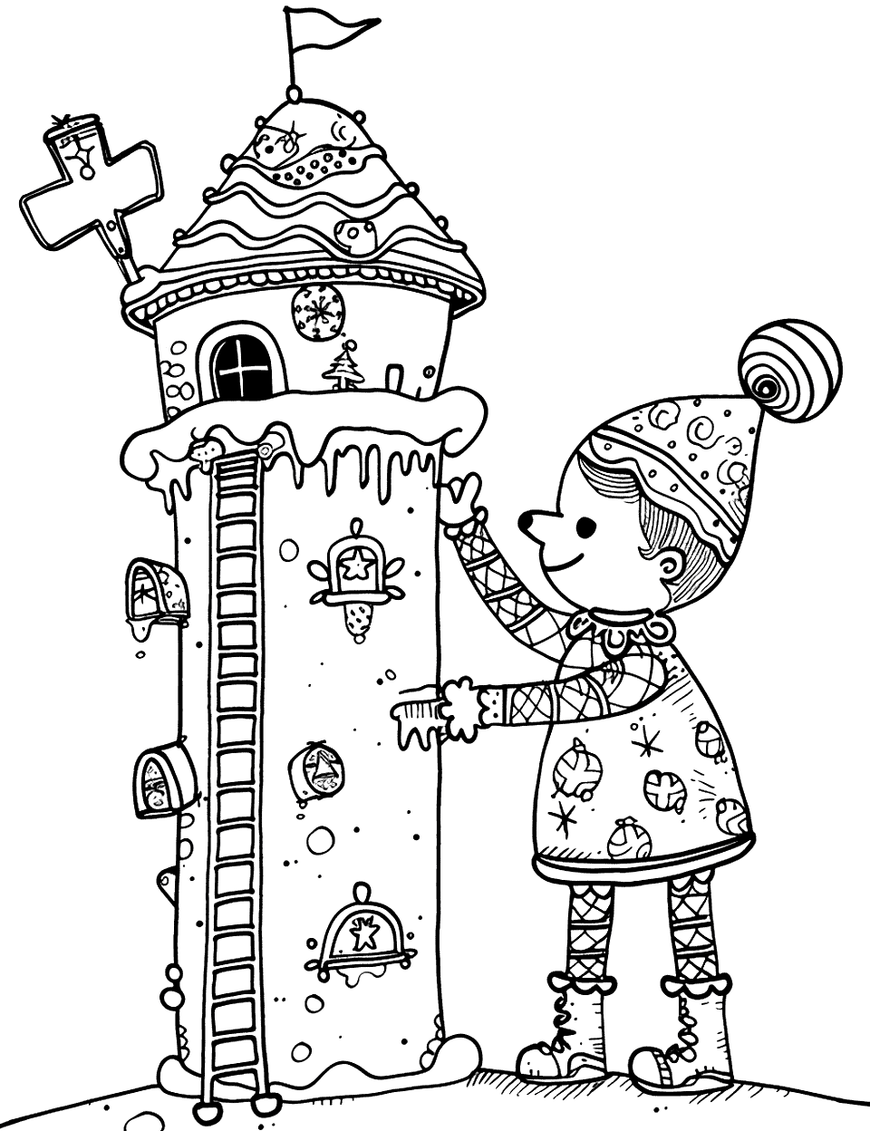 Gingerbread Fairytale Coloring Page - A gingerbread prince is ready to rescue a gingerbread princess from a high tower.