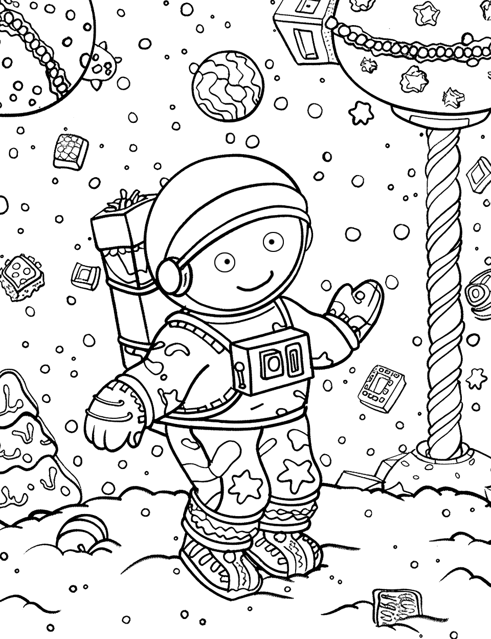 Gingerbread Space Adventure Coloring Page - Gingerbread astronaut exploring a planet in space made of various sweets.