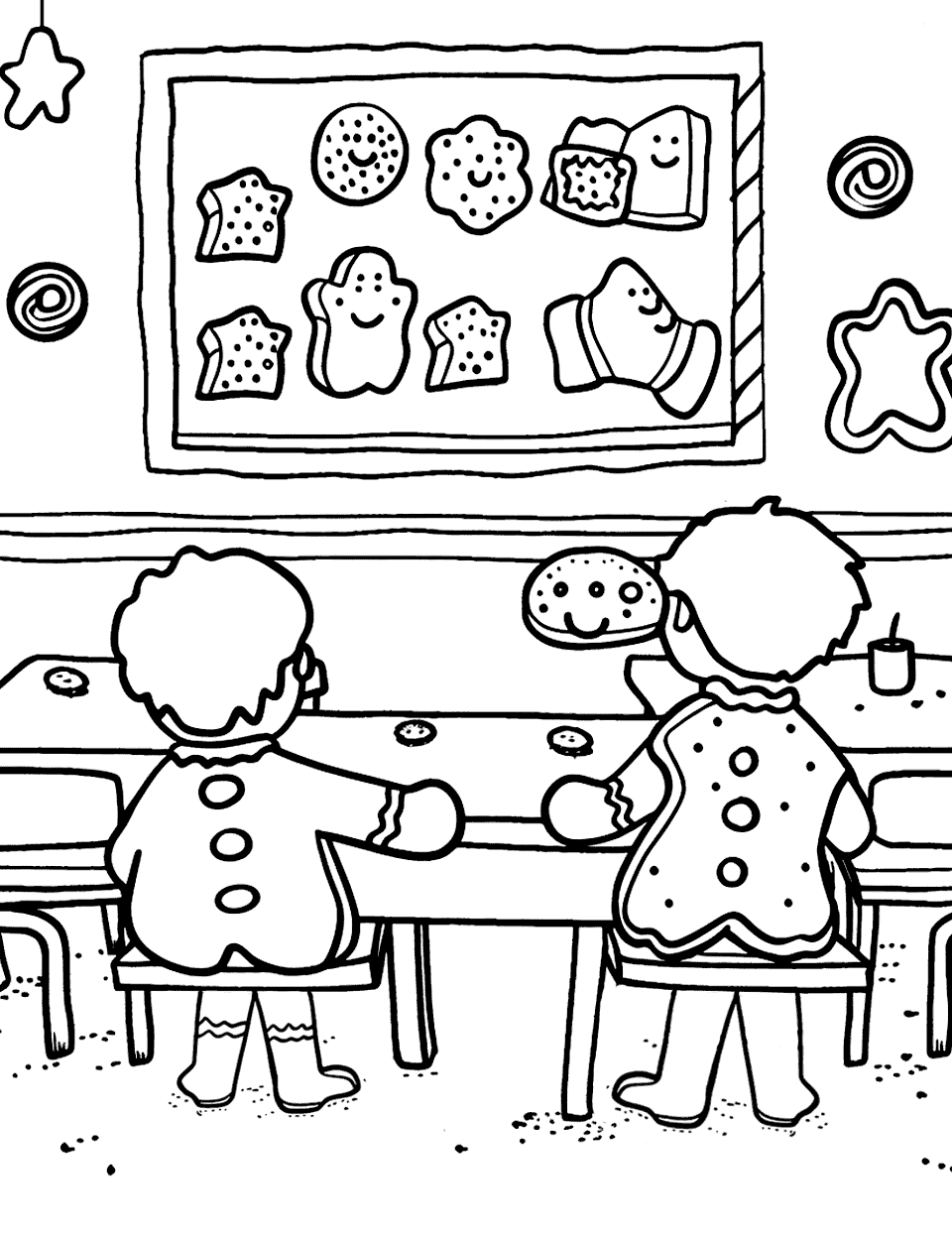 Gingerbread School Classroom Coloring Page - Gingerbread children in a classroom setting with a blackboard and desks made of cookies.