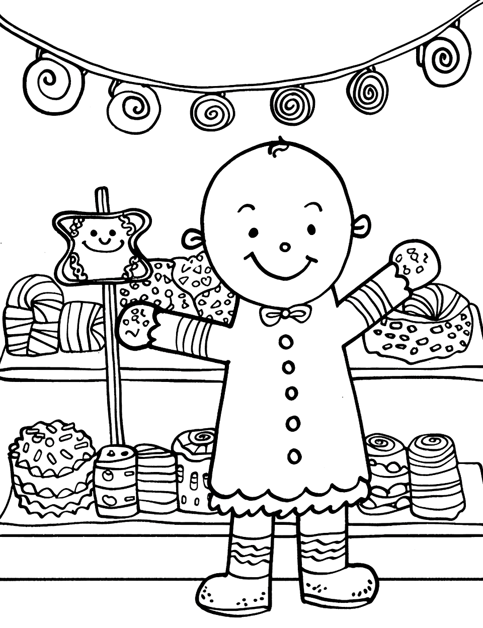 Gingerbread Art Gallery Coloring Page - Gingerbread artist displays their candy art pieces on a table.