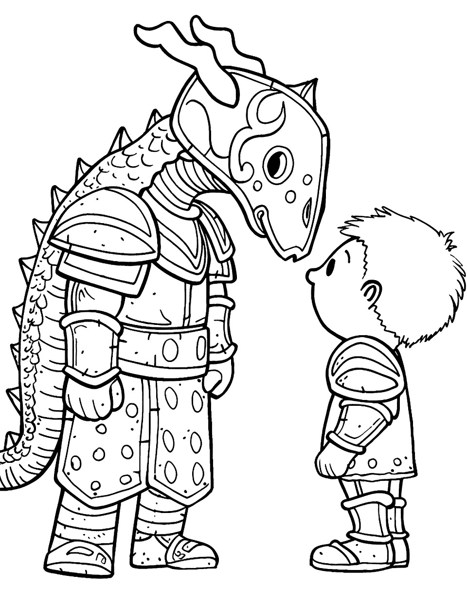 Gingerbread Knight and Dragon Coloring Page - A gingerbread knight ready to face off against a dragon made of licorice.