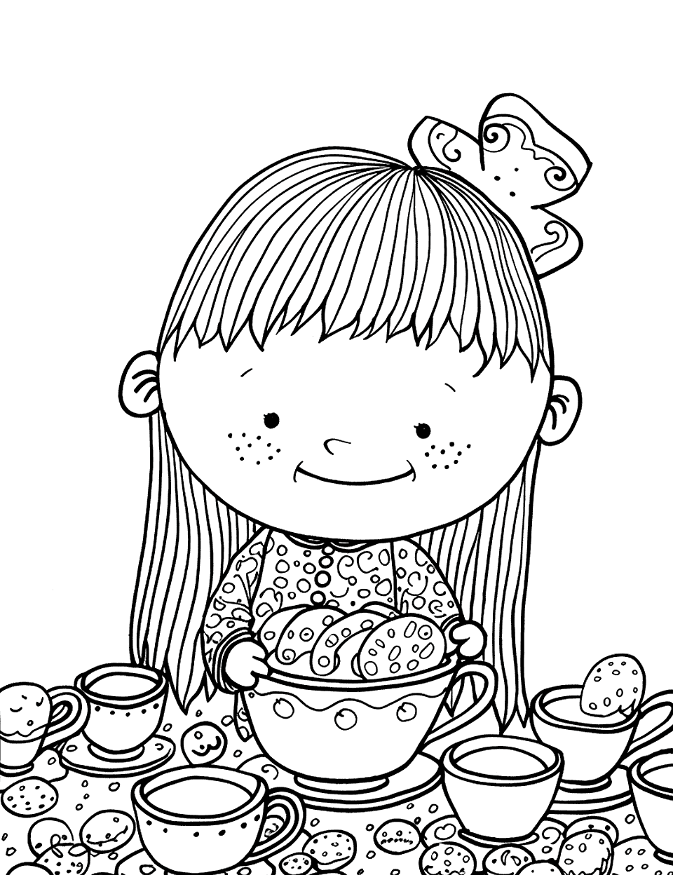 Gingerbread Tea Party Coloring Page - A gingerbread girl is hosting a tea party with teacups and biscuits.