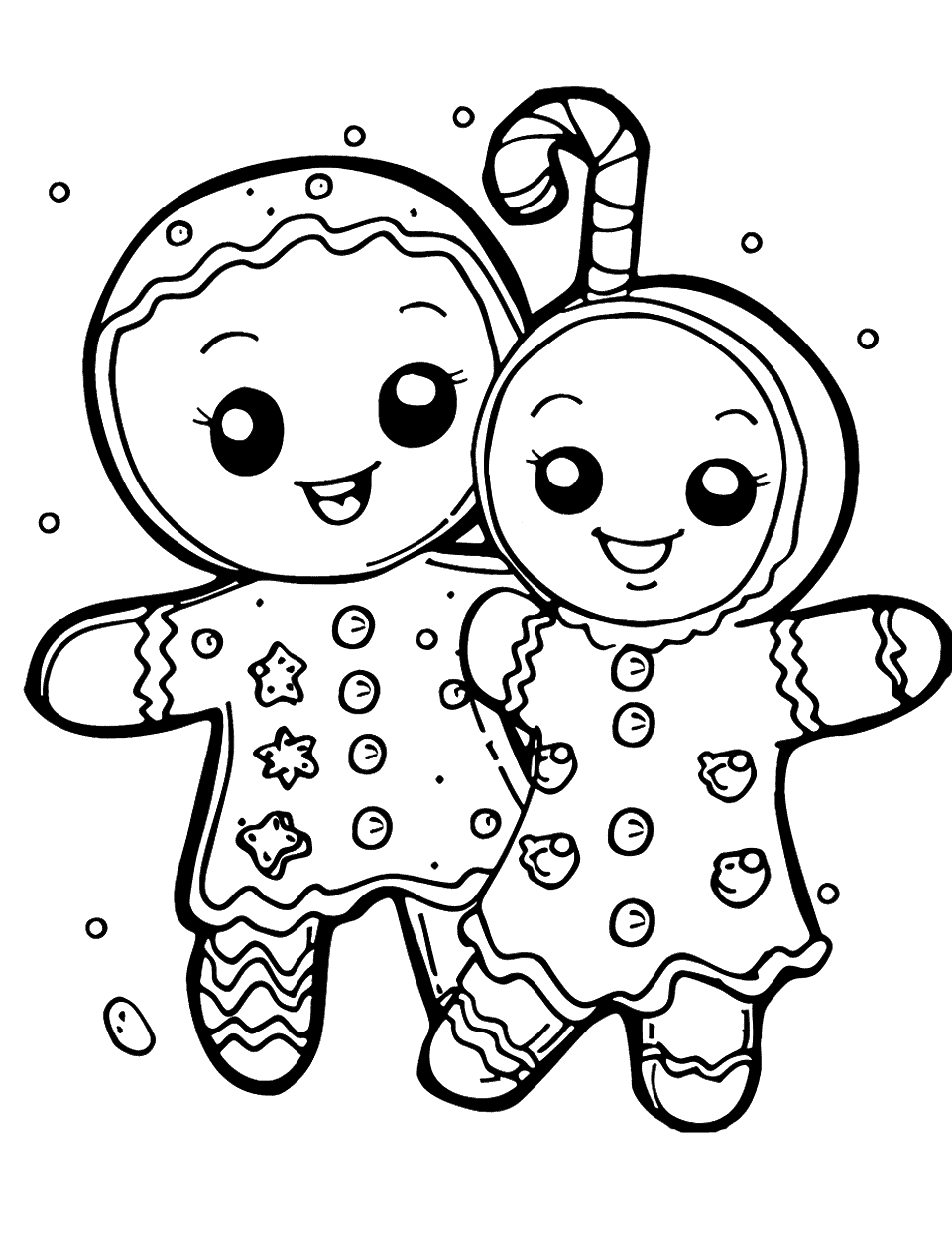 Kawaii Gingerbread Characters Coloring Page - Adorable kawaii-style gingerbread characters with big eyes and cute expressions holding tiny candy canes.