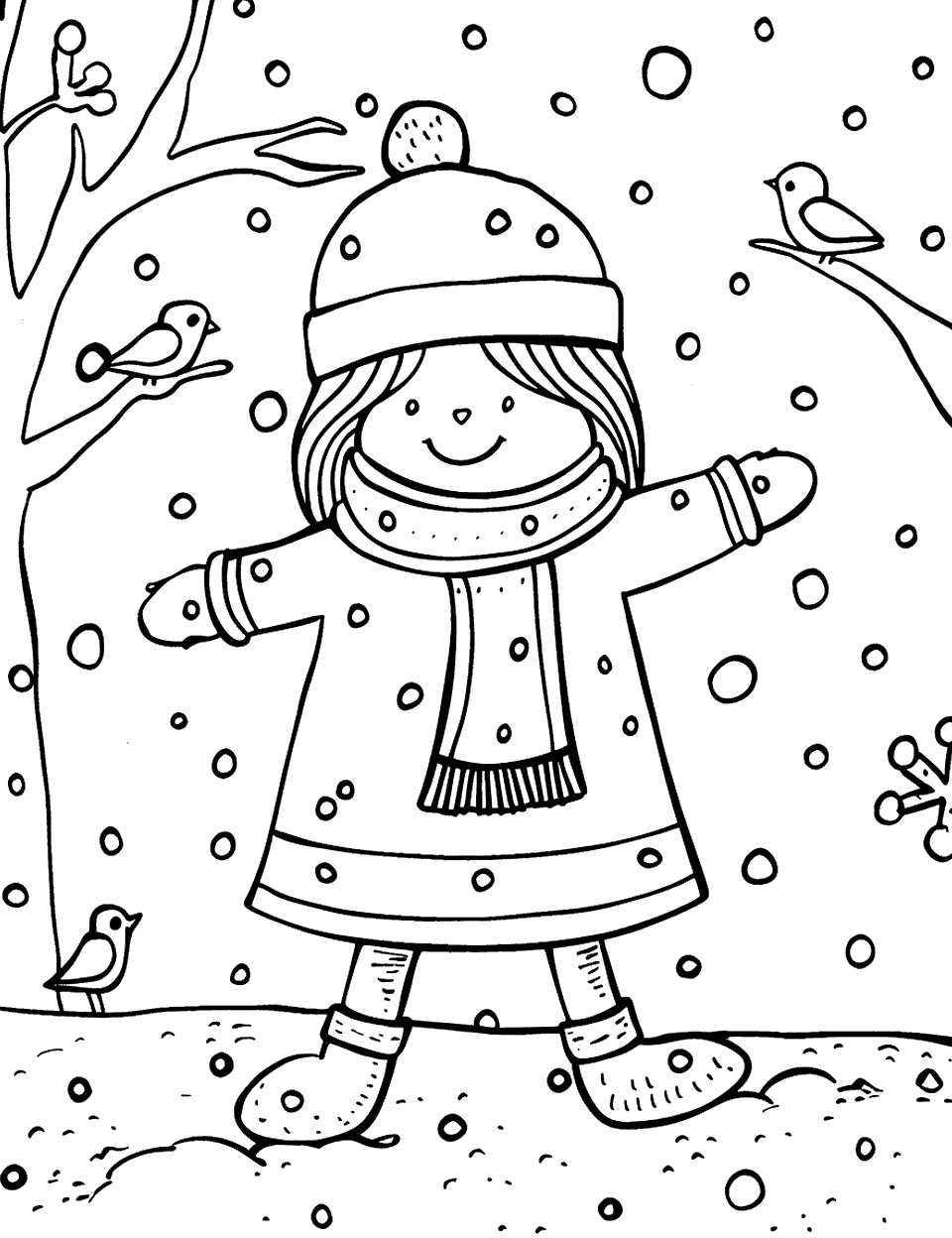 Gingerbread Girl in the Park Coloring Page - A gingerbread girl wearing a winter scarf feeds birds in a snowy park.