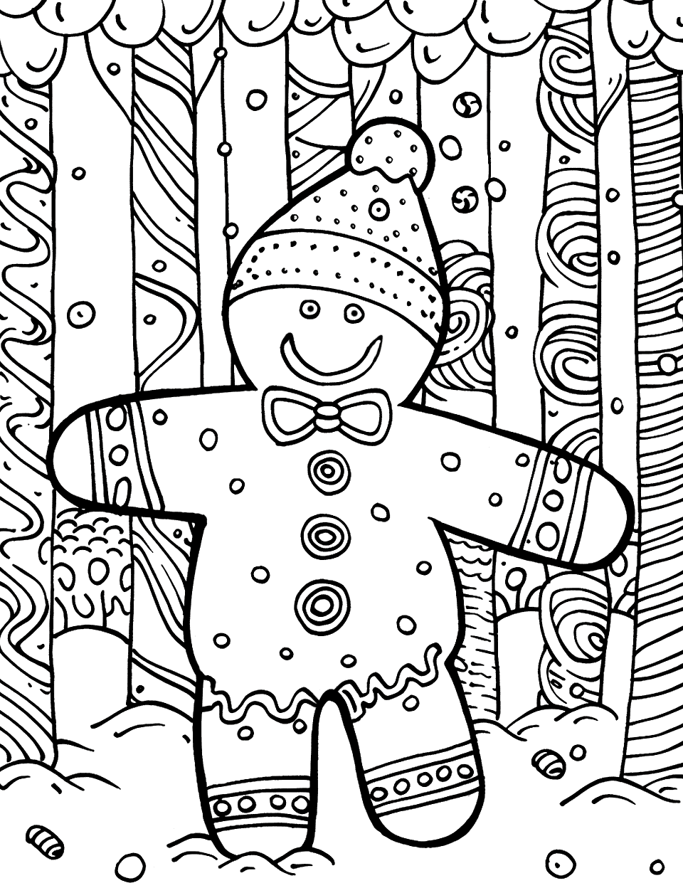 Candy Cane Forest Adventure Gingerbread Coloring Page - A gingerbread character exploring a forest made entirely of candy canes and gumdrops.