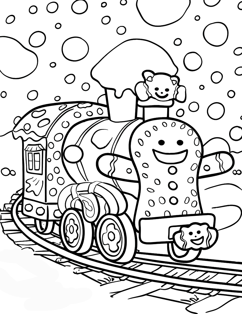 Gingerbread Train Coloring Page - A gingerbread train made of candy going through a snowy landscape.