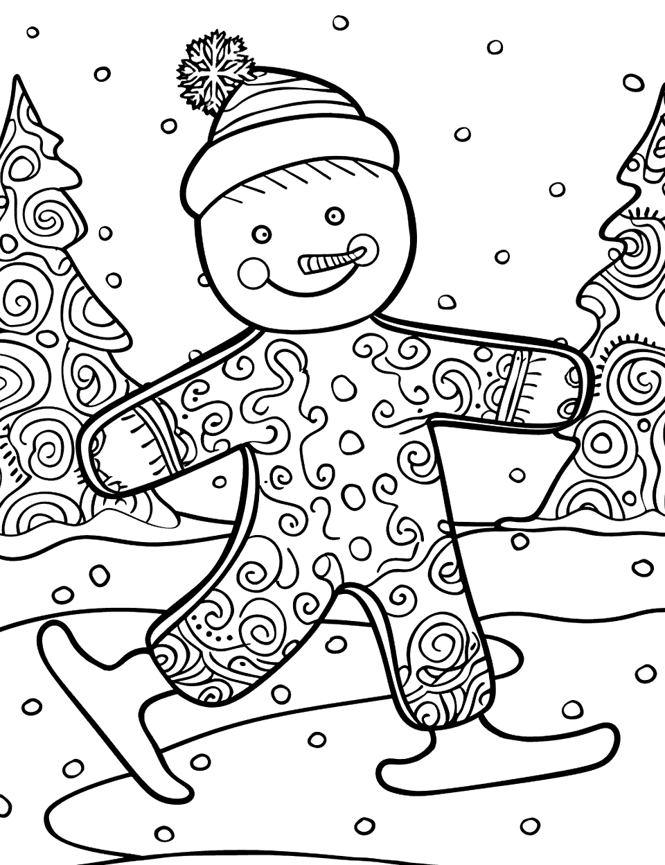 Winter Wonderland Gingerbread Coloring Page - A gingerbread boy ice skating on a frozen pond.