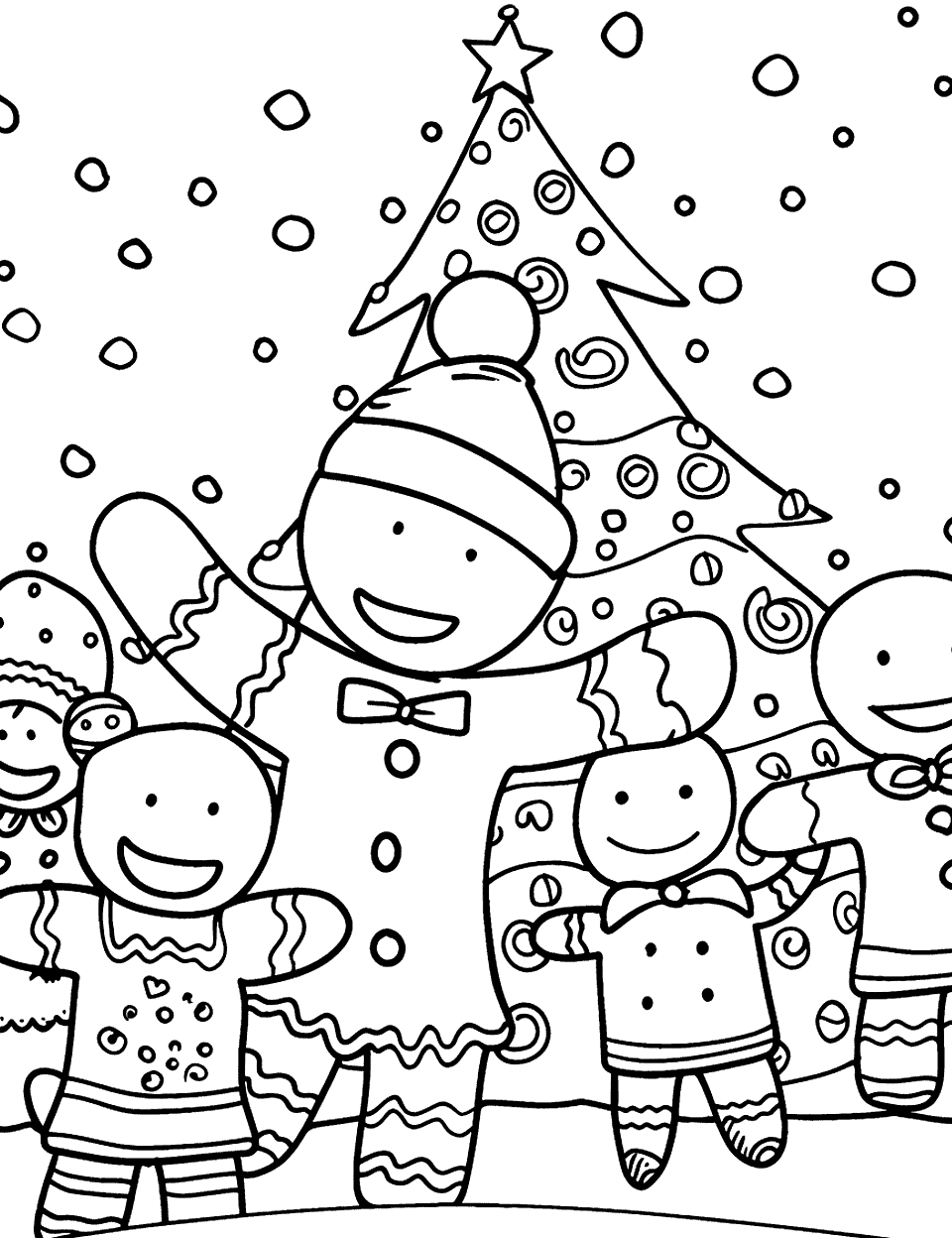 Holiday Gingerbread Party Coloring Page - A group of gingerbread kids is having a holiday party with a Christmas tree in the background.