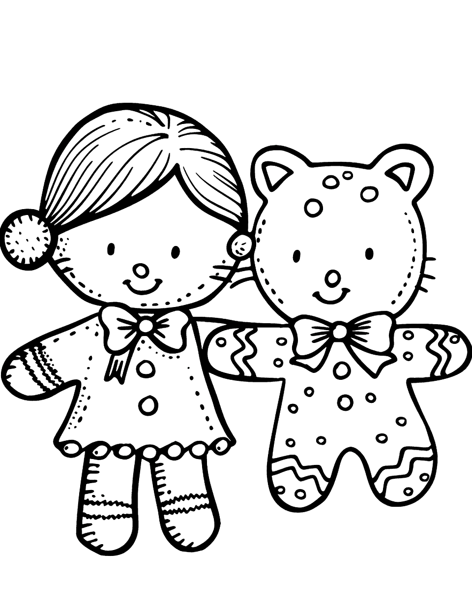 Gingerbread Animal Pet Coloring Page - A gingerbread child with a cute gingerbread cat, both wearing matching holiday bows.