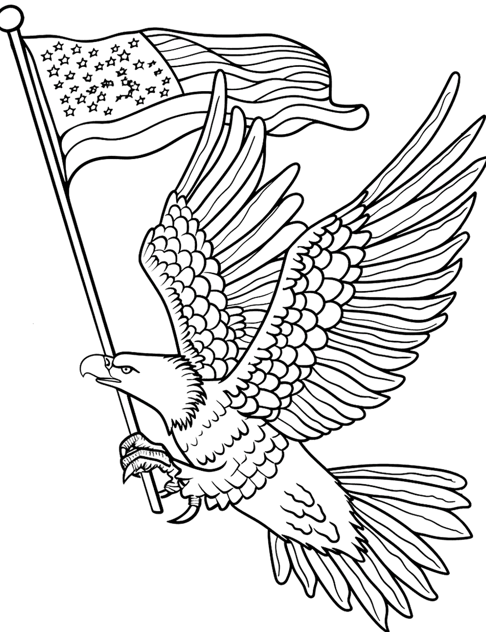 Eagle Flying with American Flag Independence Day Coloring Page - An eagle clutching an American flag in its talons, flying across a clear sky.