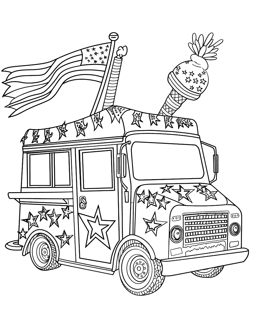 Patriotic Ice Cream Truck Independence Day Coloring Page - An ice cream truck decorated with American flags and stars.