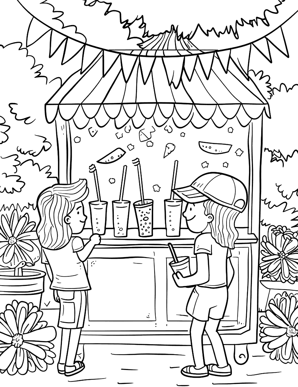 Making Lemonade Stand Independence Day Coloring Page - Kids are setting up a lemonade stand to sell drinks on the 4th of July.