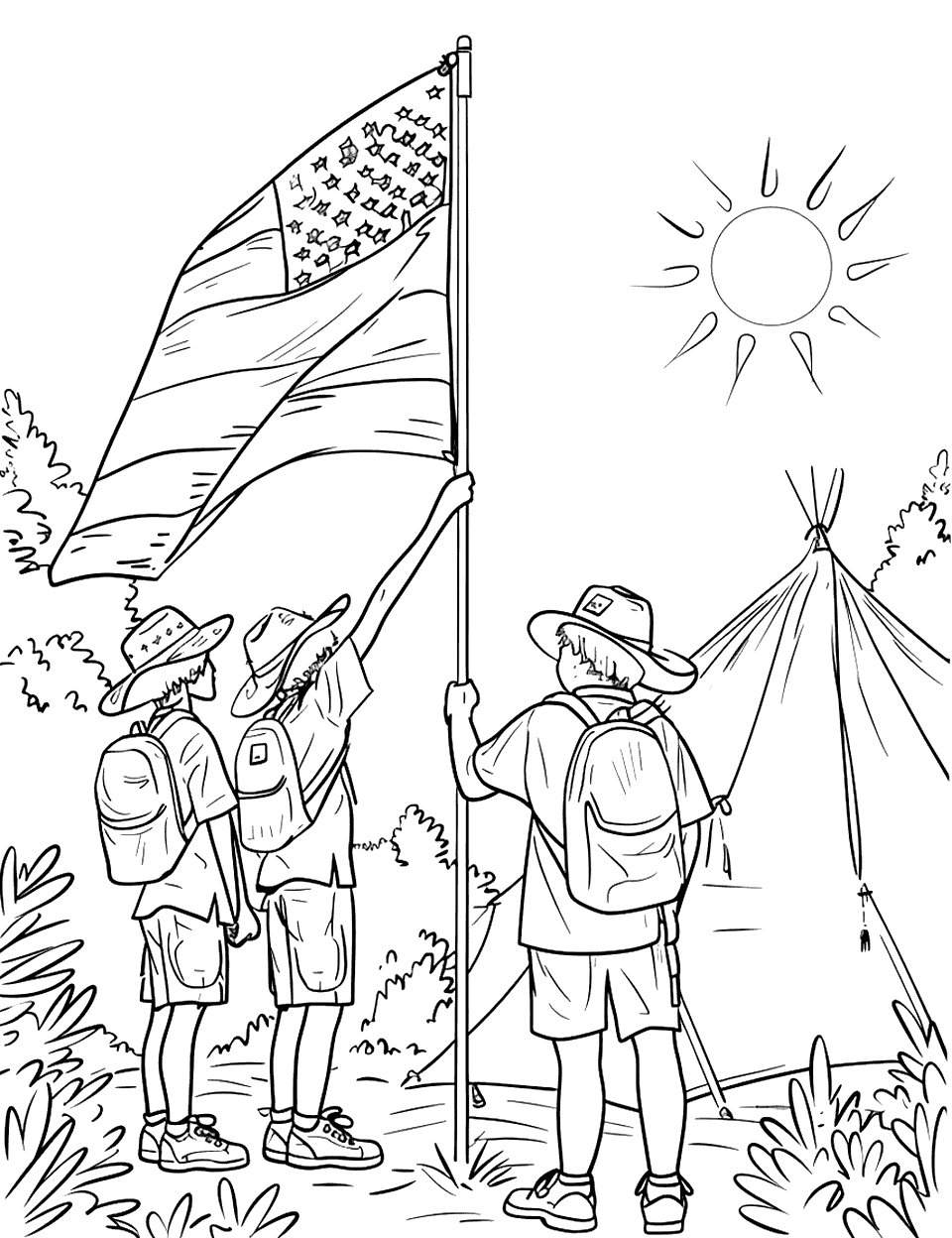 Flag Raising Ceremony Independence Day Coloring Page - A scout troop raising the American flag at a campsite, with the morning sun shining brightly.