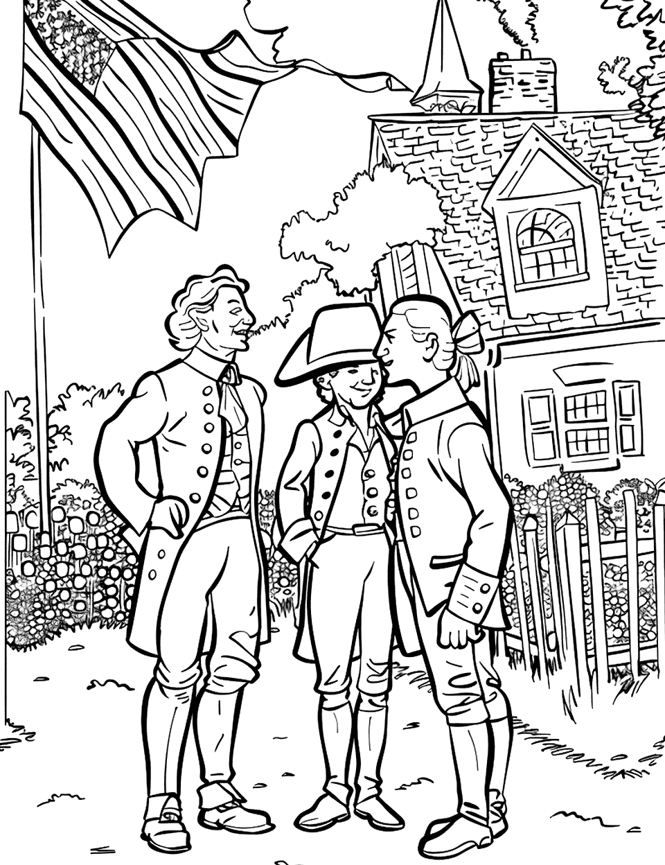 Historic Reenactment Scene Independence Day Coloring Page - Actors dressed as historical figures from the American Revolution in a simple outdoor setting.