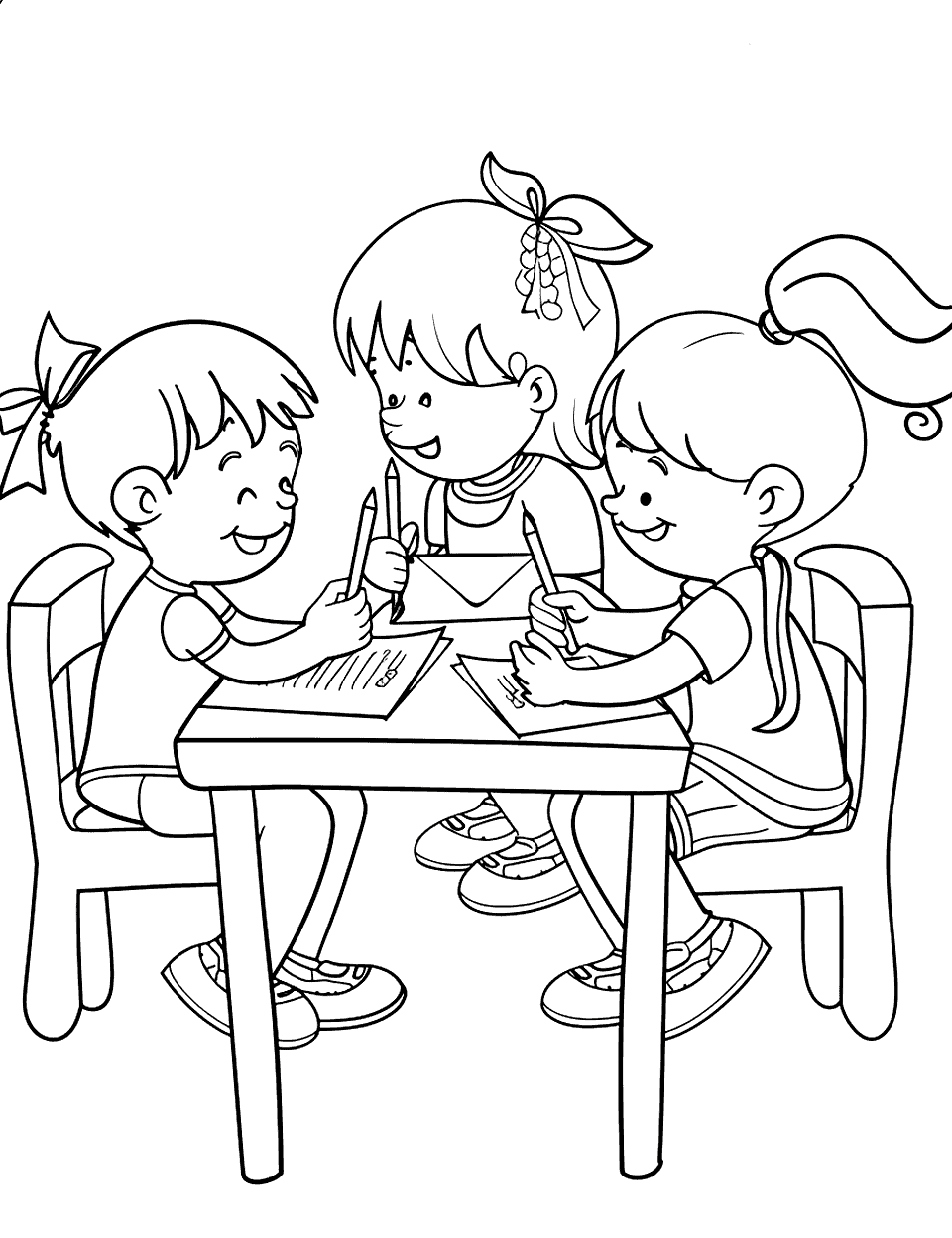 Writing Letters to Soldiers Independence Day Coloring Page - Children are writing thank you letters to soldiers and sitting at a table.