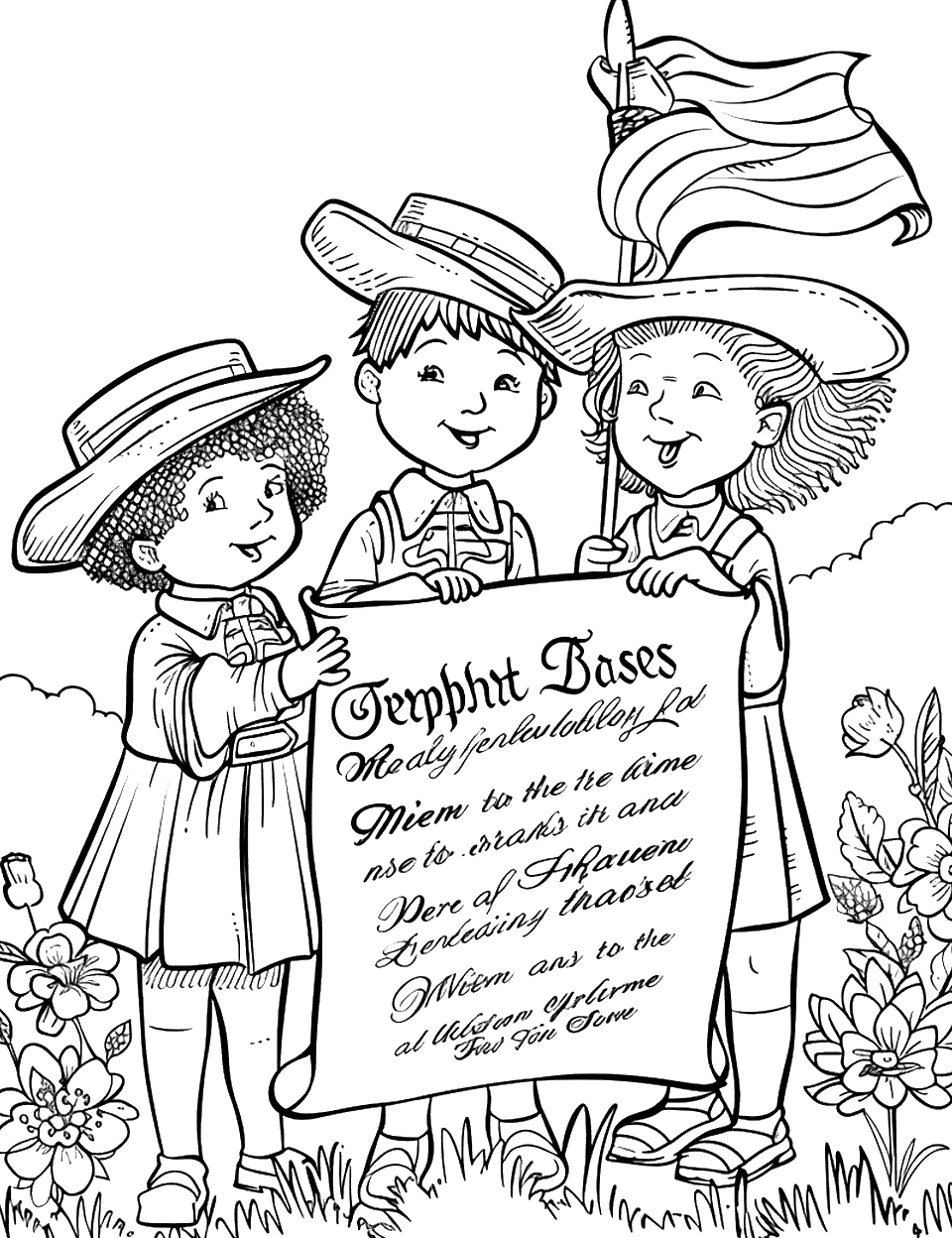 Reading the Declaration of Independence Day Coloring Page - A group of children dressed in colonial attire reading a large scroll outdoors.