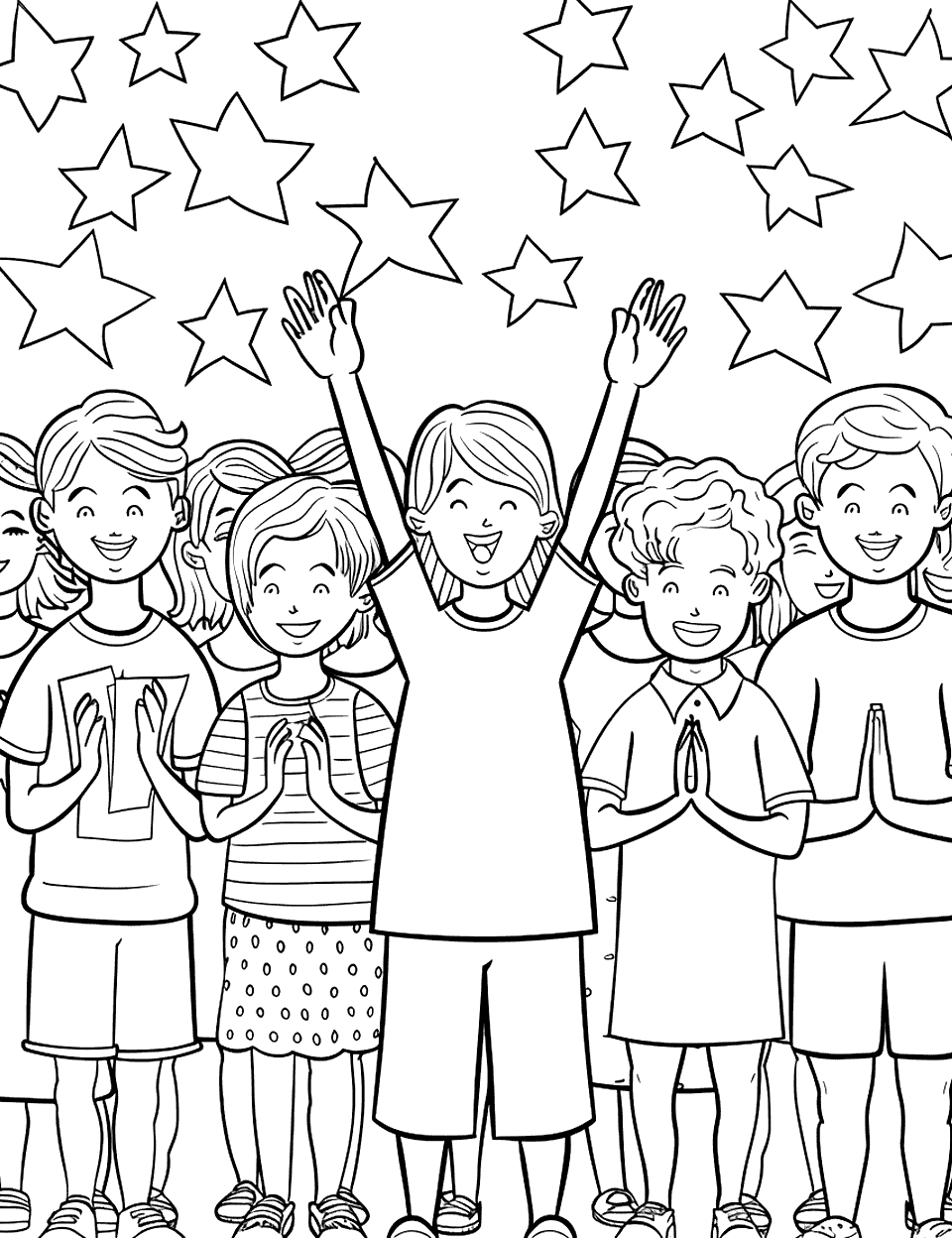 Singing National Anthem Independence Day Coloring Page - A choir of children singing the national anthem at a community event, with audience members holding their hands over their hearts.