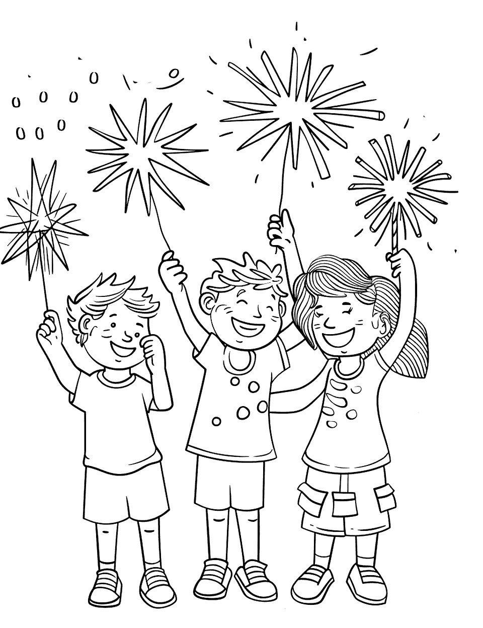 Sparklers at Dusk Independence Day Coloring Page - Children holding sparklers, with excited expressions as dusk falls and stars begin to appear in the sky.