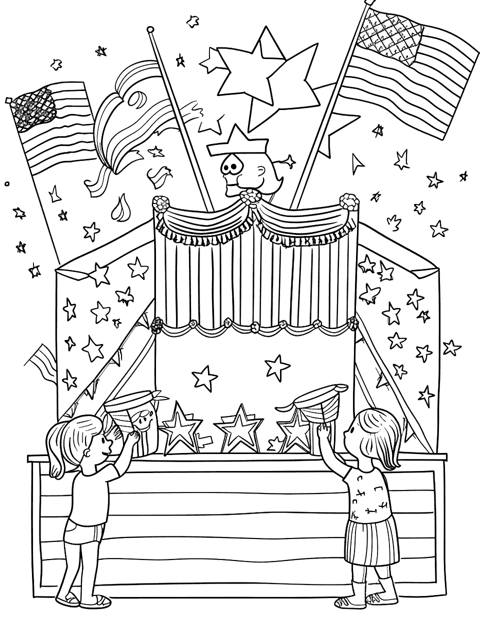 Building a Float for Parade Independence Day Coloring Page - Children work together to decorate a parade float featuring large stars and stripes.