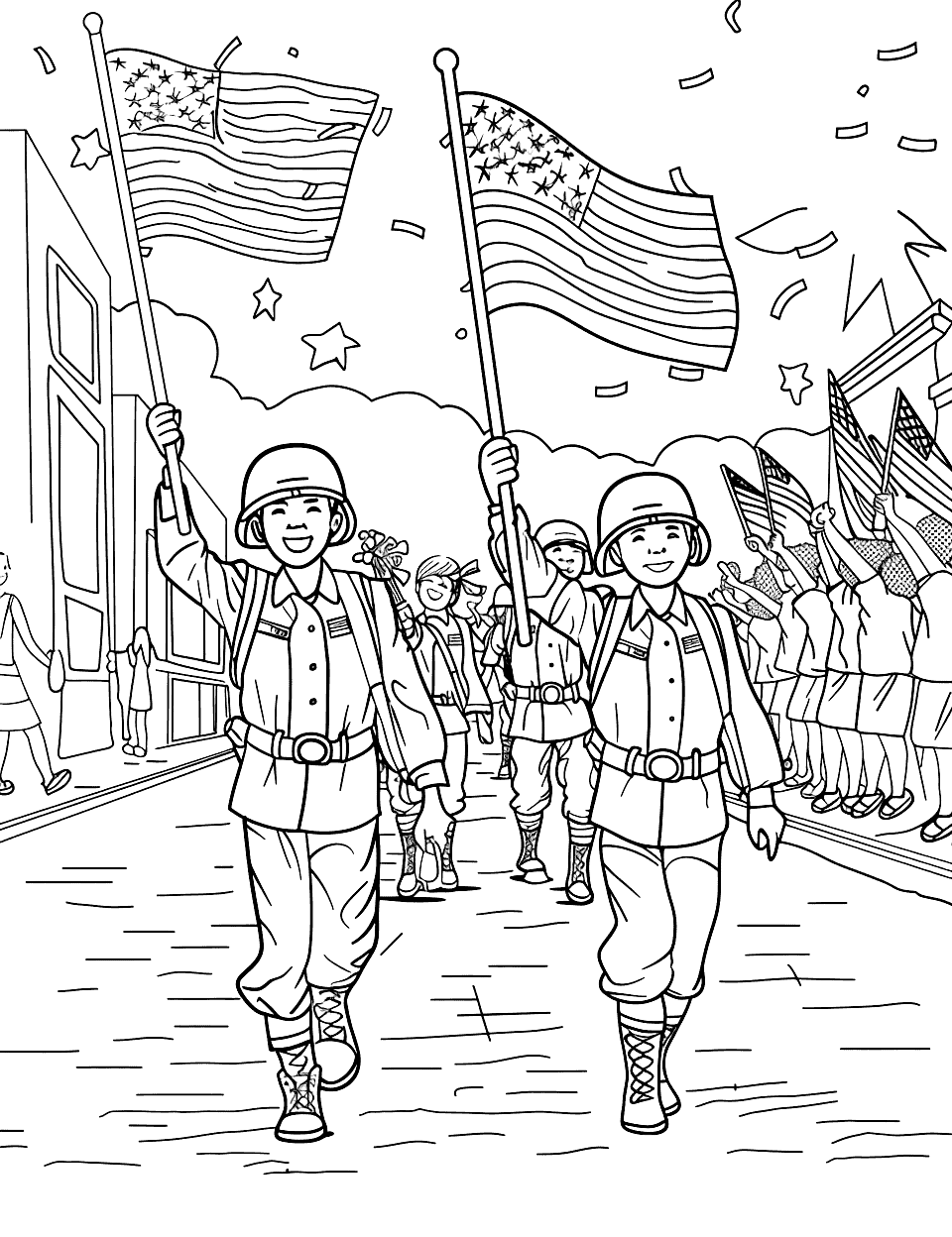 Soldiers Marching in a Parade Independence Day Coloring Page - Soldiers in uniform marching down a street, with families watching and waving American flags.