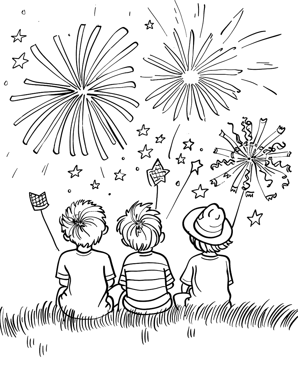 Children Watching Fireworks Independence Day Coloring Page - A group of children sitting on a grassy hill, looking up at fireworks bursting in the night sky.