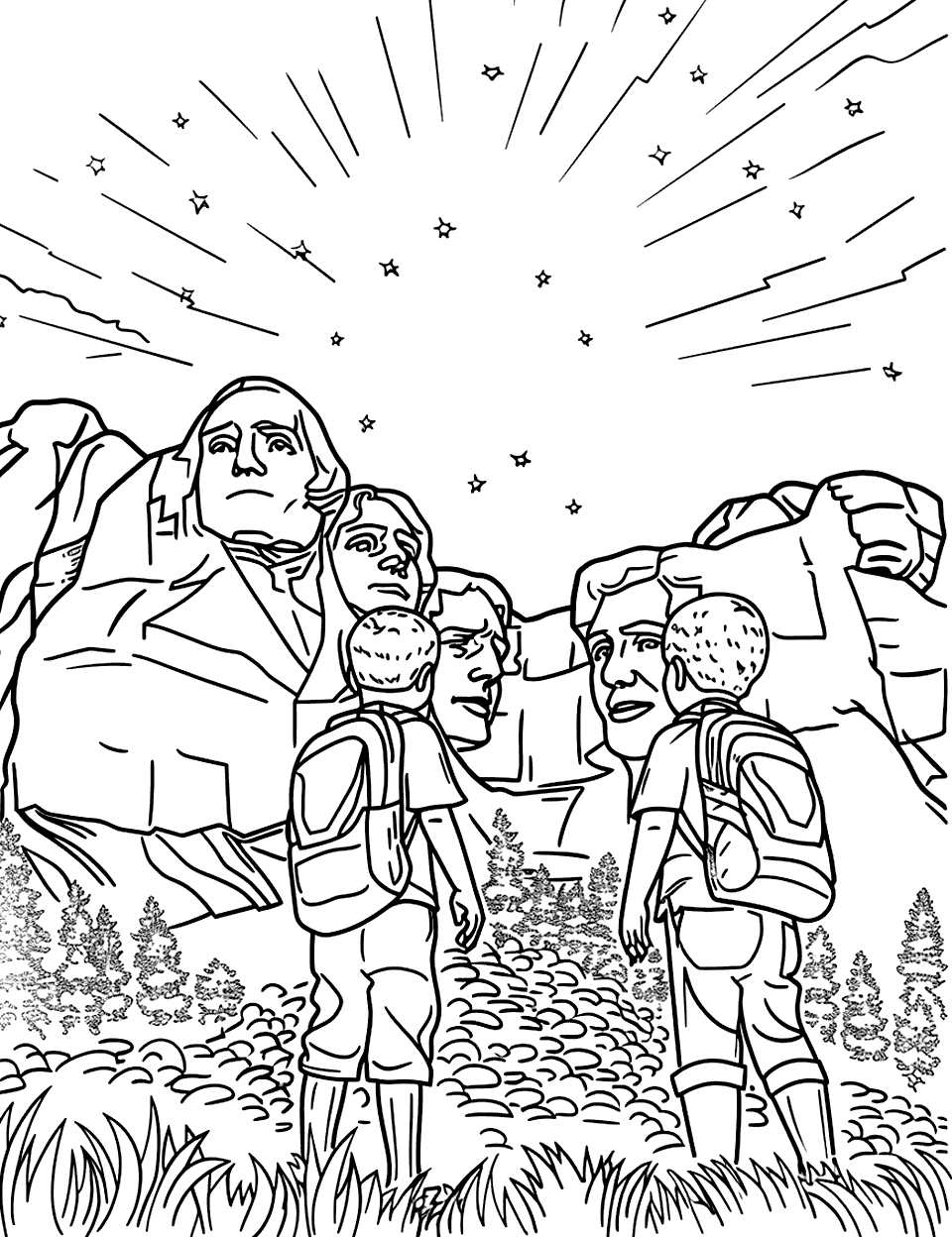 Historical Landmarks Tour Independence Day Coloring Page - Children visit famous American landmarks like Mount Rushmore, illustrated with simple, clear shapes.