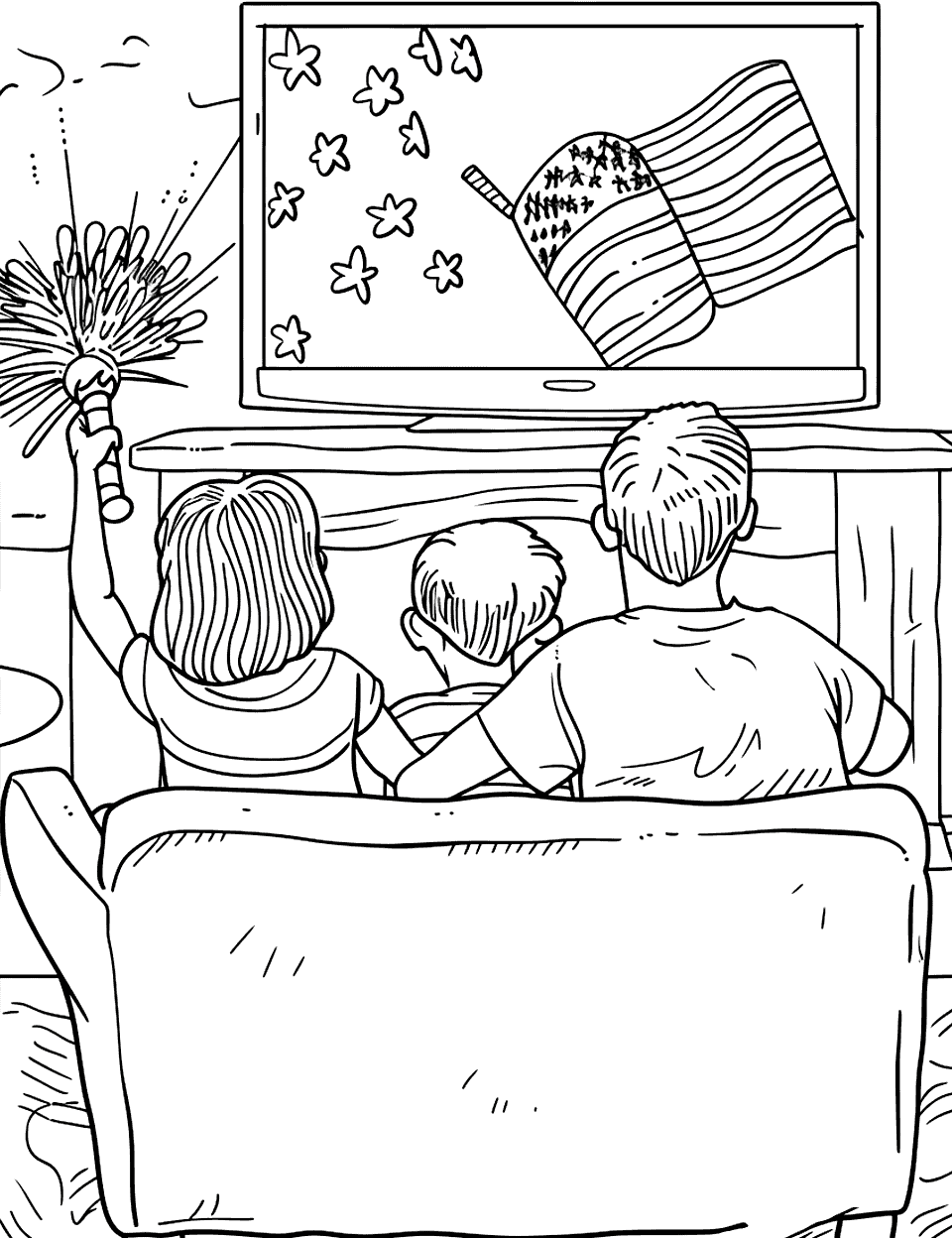 Family Watching a Patriotic Movie Independence Day Coloring Page - A family sitting in their living room, watching a classic American film.