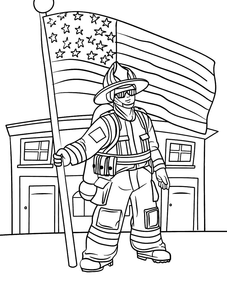 Firefighter with American Flag Independence Day Coloring Page - A firefighter in gear holding a large American flag, standing in front of a fire station.