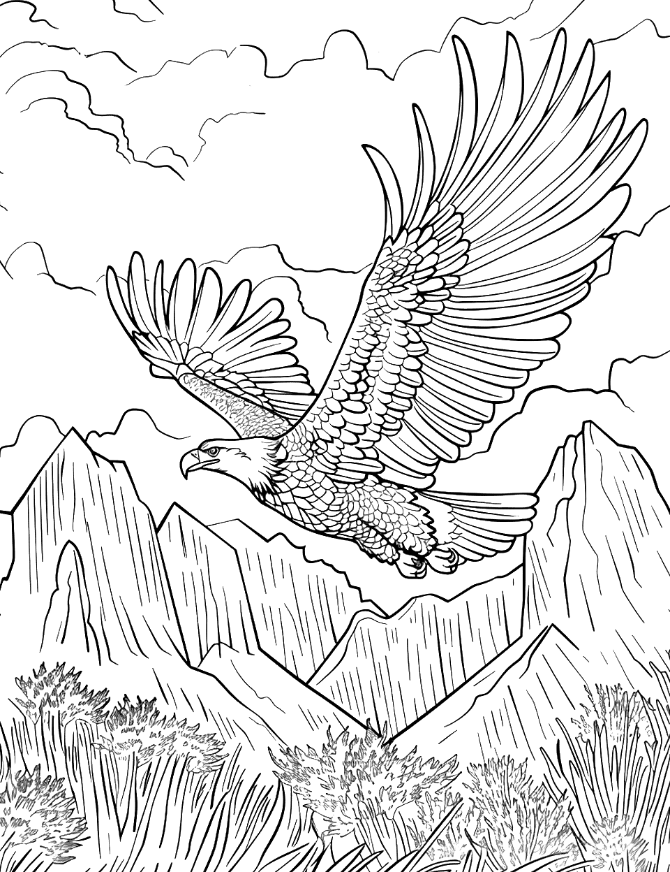 American Eagles and Wildlife Independence Day Coloring Page - A scene showing an eagle flying over a national park with mountains in the distance.