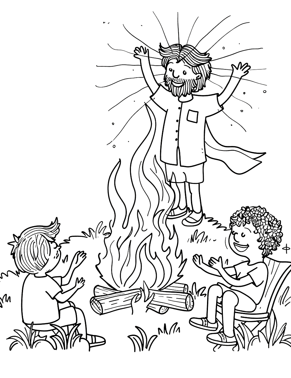 Campfire Stories About American Heroes Independence Day Coloring Page - A campfire scene where a leader is telling stories about American heroes to an attentive group of children.