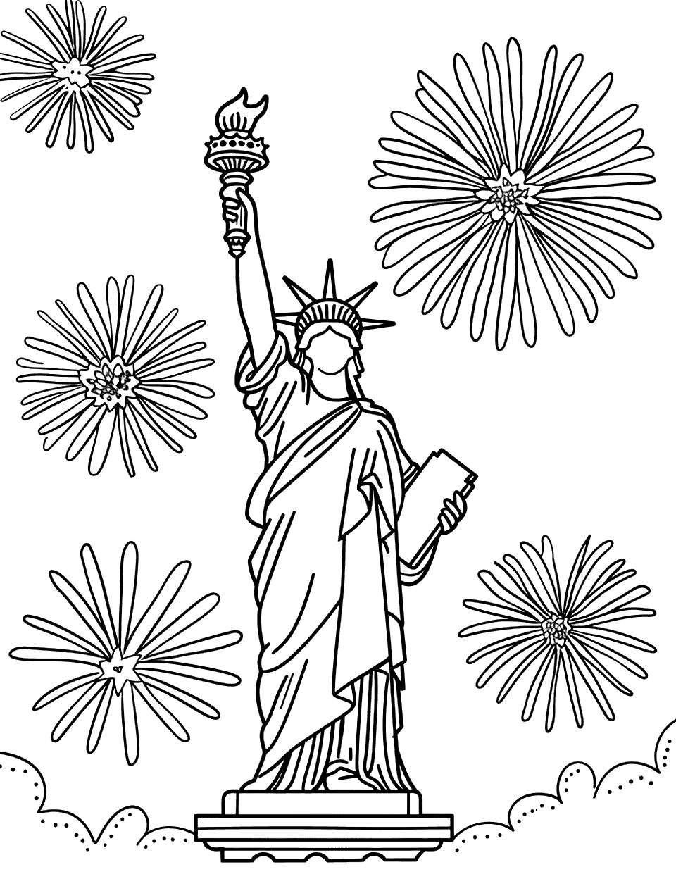 Statue of Liberty Holding the Torch High Independence Day Coloring Page - The Statue of Liberty is prominently displayed, holding her torch aloft with fireworks in the background.