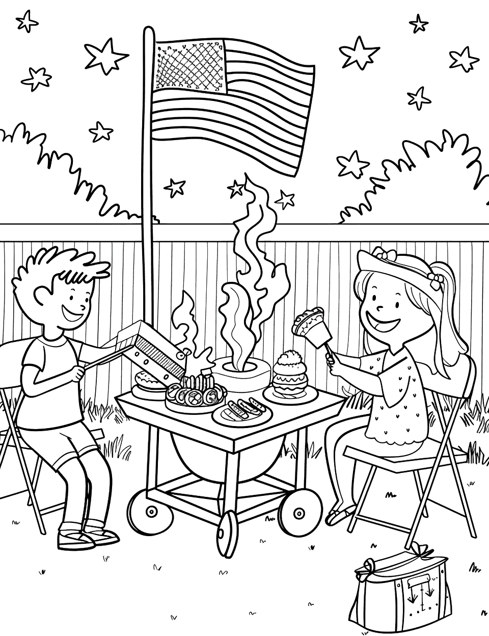 Family Barbecue on July 4th Independence Day Coloring Page - A family grilling hot dogs and hamburgers in their backyard, with an American flag in the background.