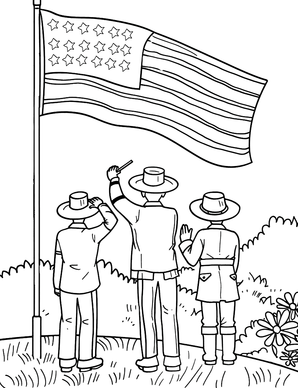 Veterans Saluting the Flag Independence Day Coloring Page - A few veterans in uniform saluting the American flag during a ceremony in a park.