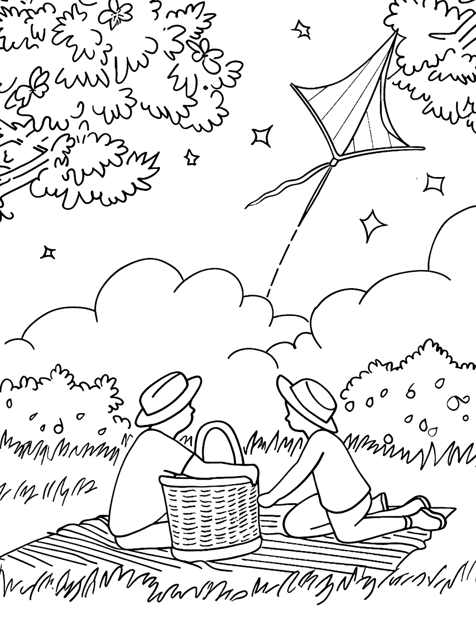 Picnic at the Park Independence Day Coloring Page - A family having a picnic in a park with a simple blanket and basket, and a kite flying in the background.