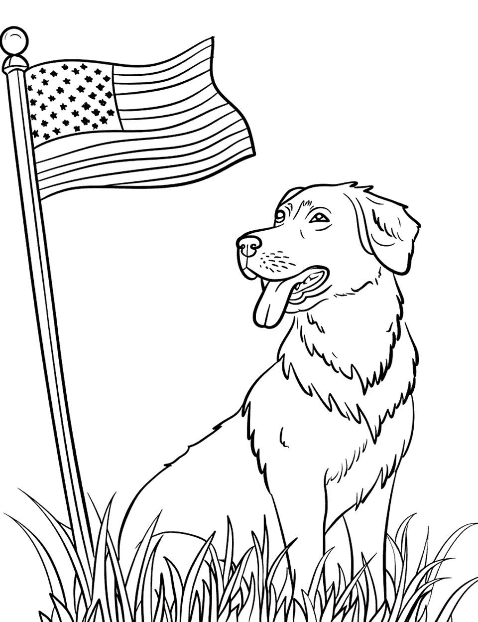 Patriotic Dog Independence Day Coloring Page - A friendly dog sitting next to a small American flag planted in the ground.