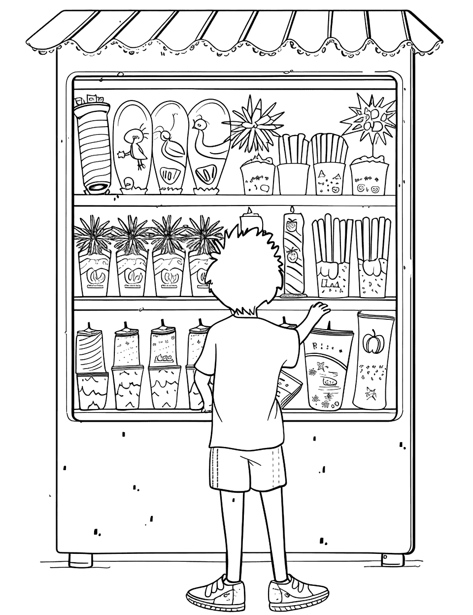 Fireworks Stand Independence Day Coloring Page - A simple fireworks stand with a variety of fireworks displayed, and a child looking excitedly at the choices.